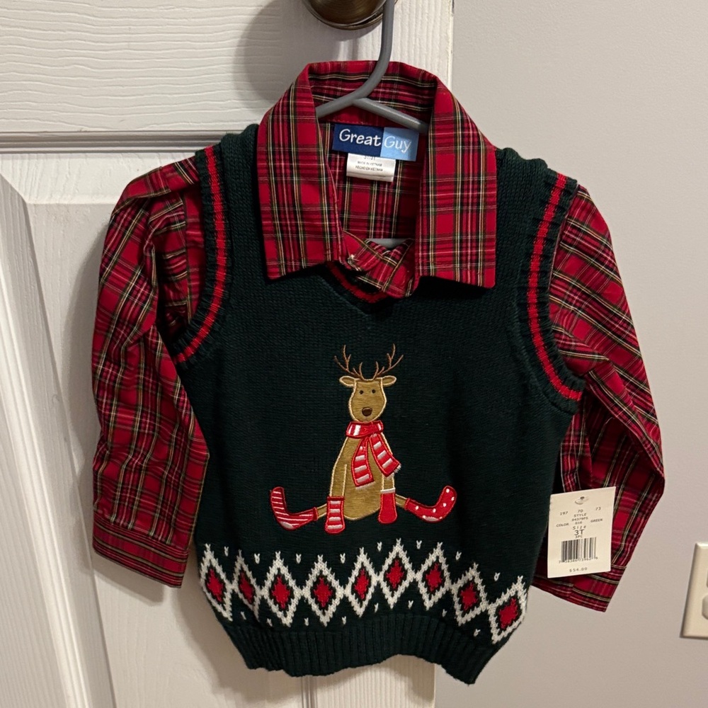 Great Guy Kids Reindeer Sweater Vest and Plaid Shirt